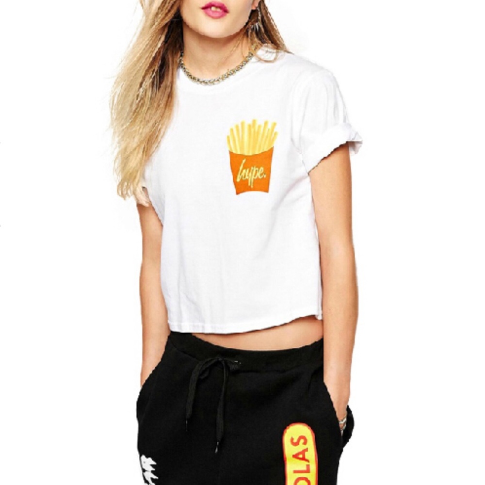 NEW WITH TAG. Hype French fries White Girls T Short, Women Top, Tees Fashion, XL